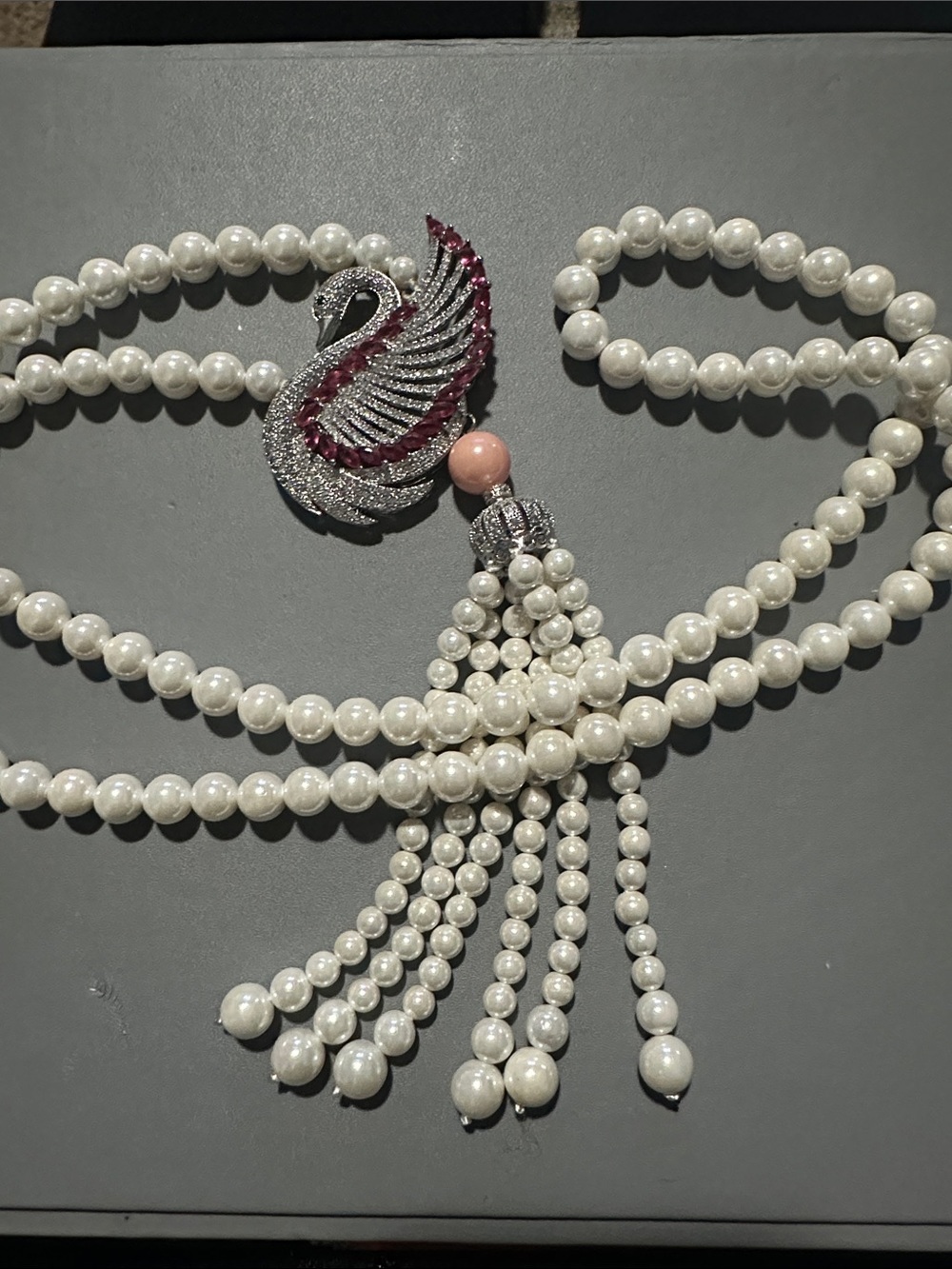 Pearl Tassel Swan Pendant Necklace with Pink Accent